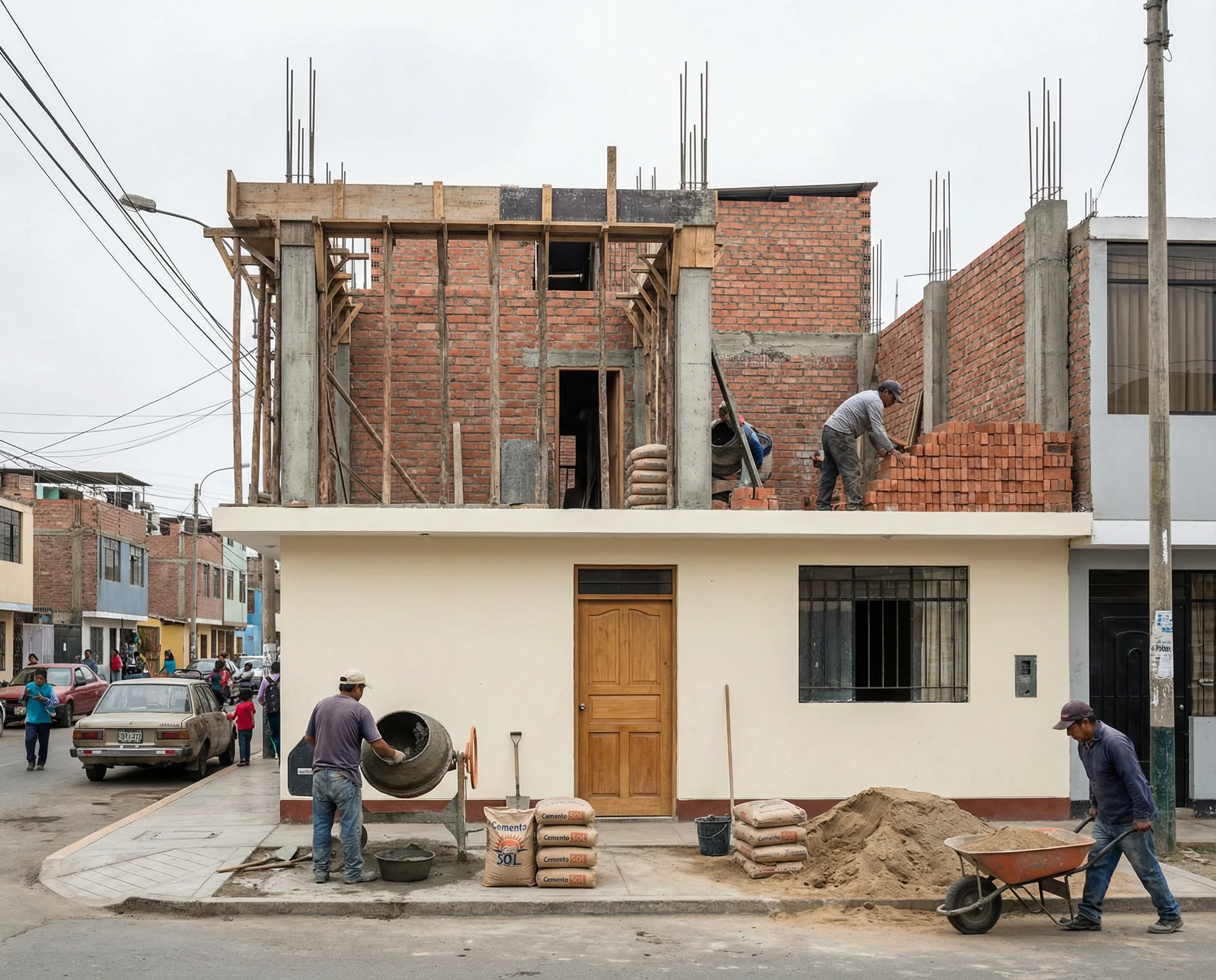 Trabajadores de construcción ampliando una vivienda de ladrillo en una calle de Lima con mezcladoras y arena