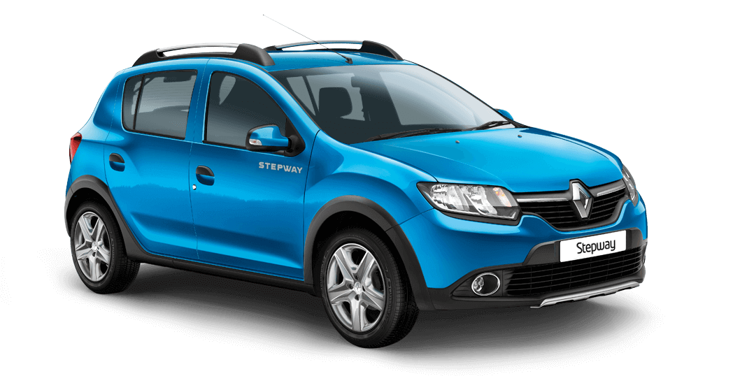 Renault Stepway azul vista frontal en tres cuartos con barras de techo y protecciones negras sobre fondo blanco