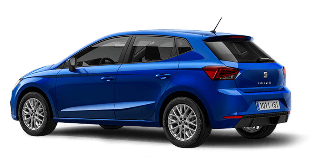 Hatchback SEAT Ibiza azul vista trasera en tres cuartos con luces LED traseras y rines de aleación