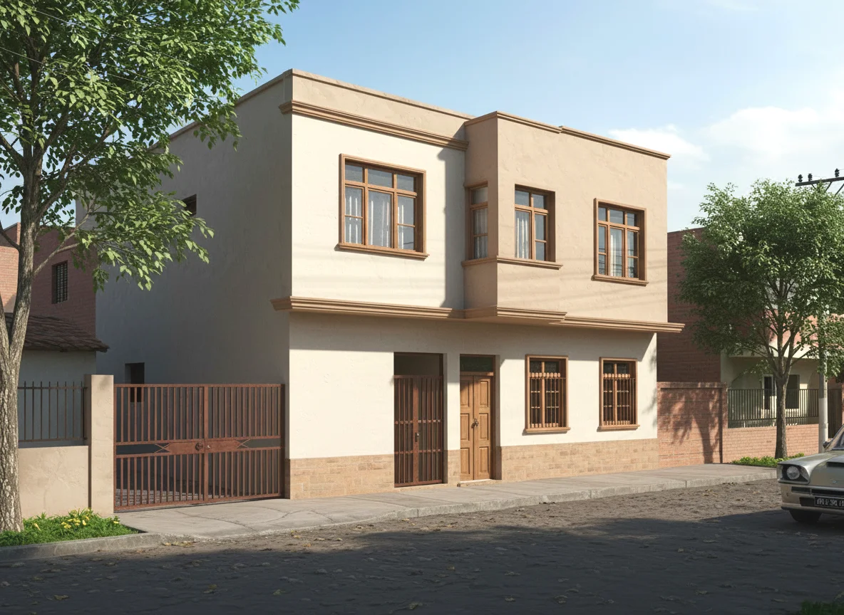 Fachada de casa de dos pisos con rejas y portón marrón en una calle residencial