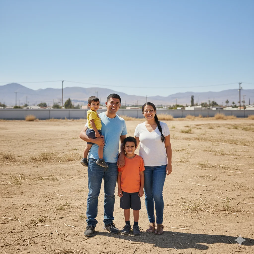 Familia de cuatro personas sonriendo en un terreno al aire libre con montañas al fondo