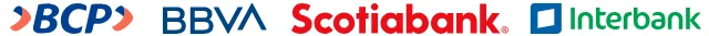 Logos de bancos BCP, BBVA, Scotiabank e Interbank sobre fondo blanco