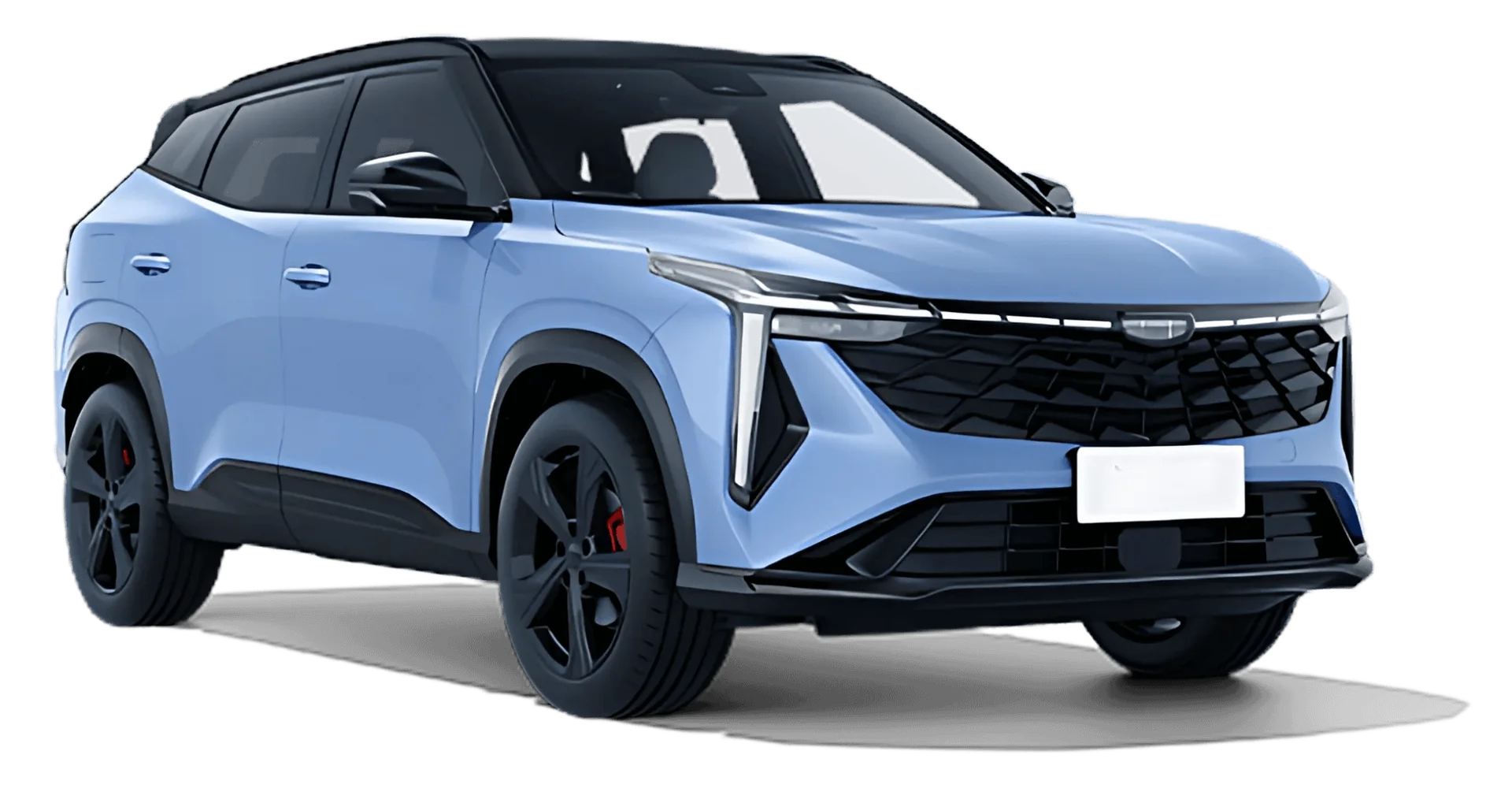 SUV compacta Geely Cityray color azul cielo con techo negro bicolor vista frontal tres cuartos