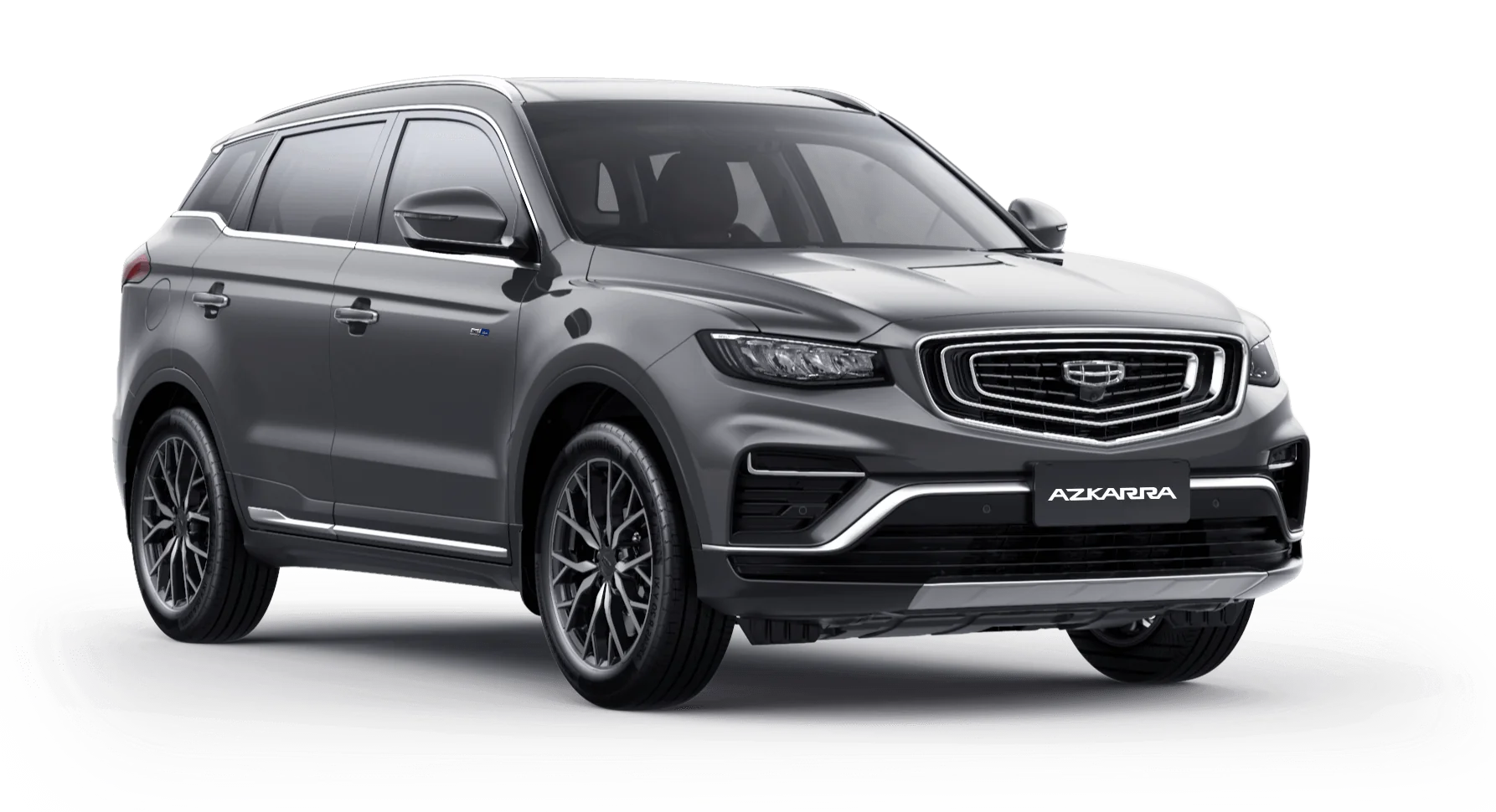 SUV Geely Azkarra color gris oscuro vista frontal tres cuartos sobre fondo blanco