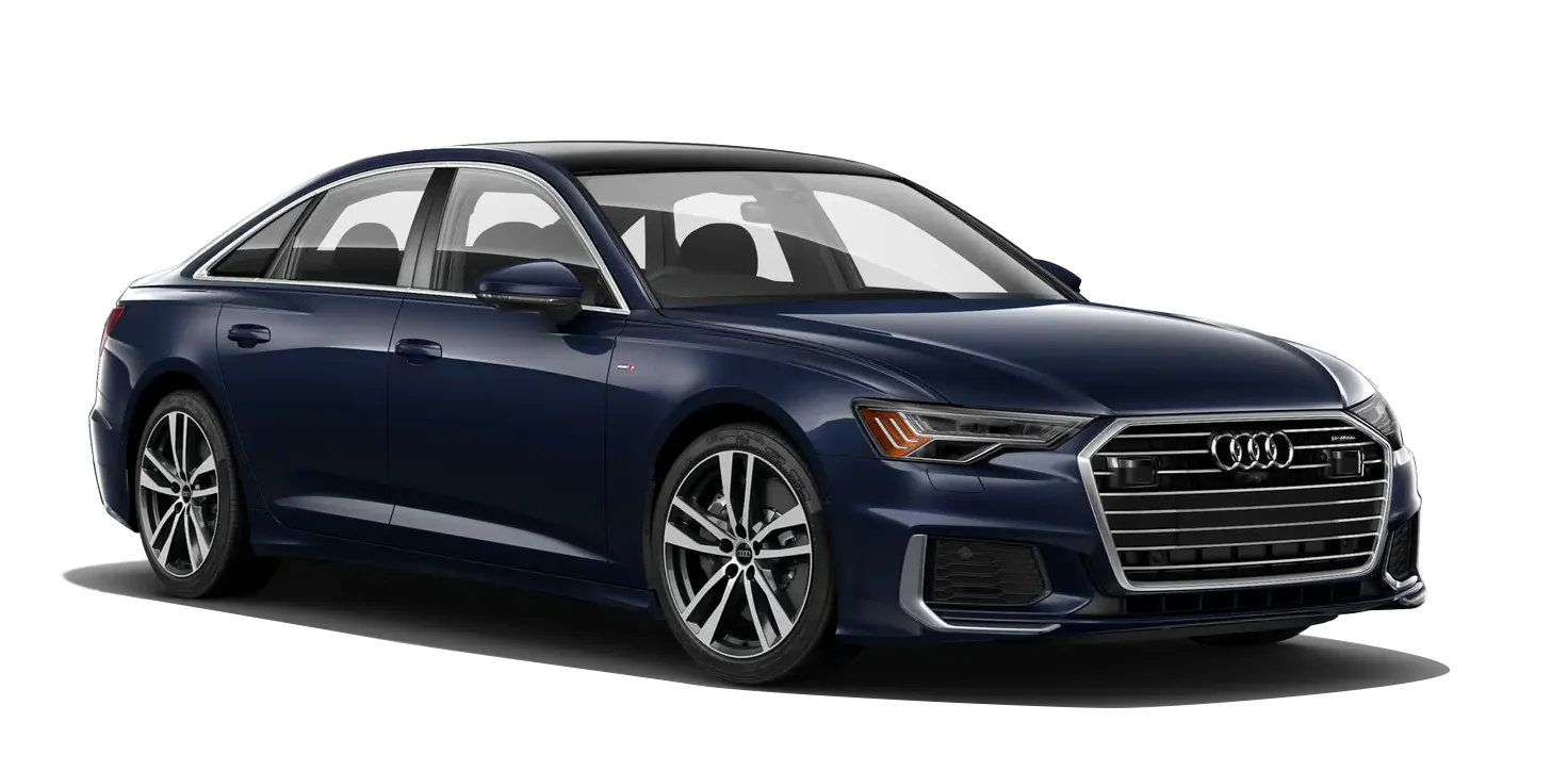 Audi A6 azul marino vista frontal tres cuartos, sedán ejecutivo con parrilla cromada y rines deportivos