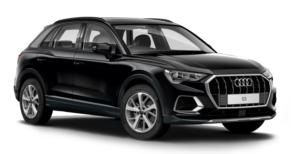 Audi Q3 negro vista frontal tres cuartos, SUV compacto con parrilla cuadrada y logo de cuatro aros