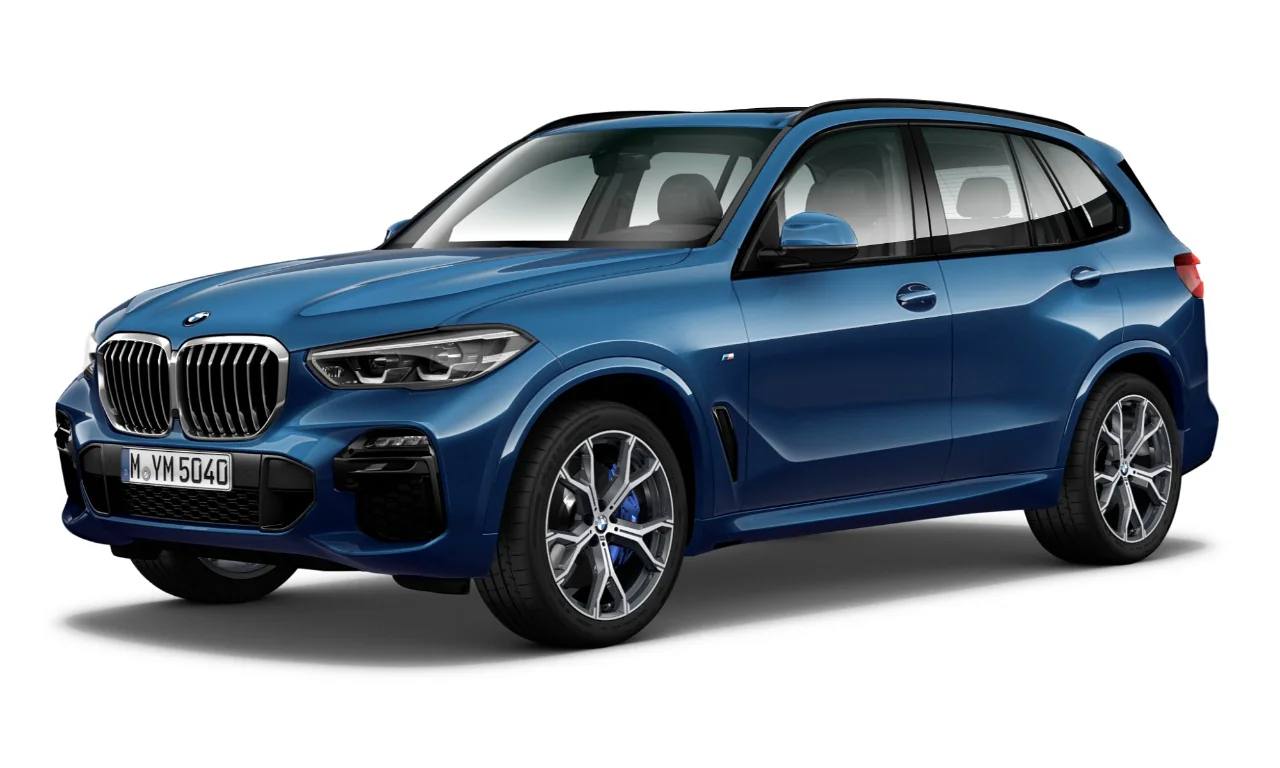 SUV BMW X5 color azul marino vista frontal lateral sobre fondo blanco