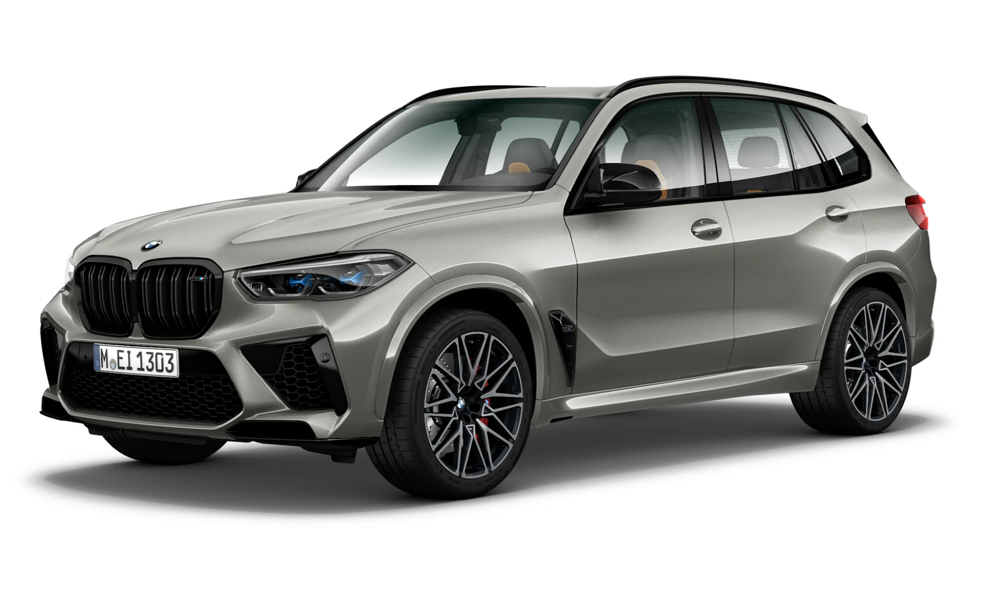 SUV BMW X5 M color gris champagne vista frontal lateral sobre fondo blanco