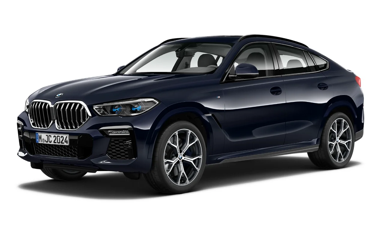SUV coupé BMW X6 color azul marino oscuro vista frontal lateral sobre fondo blanco