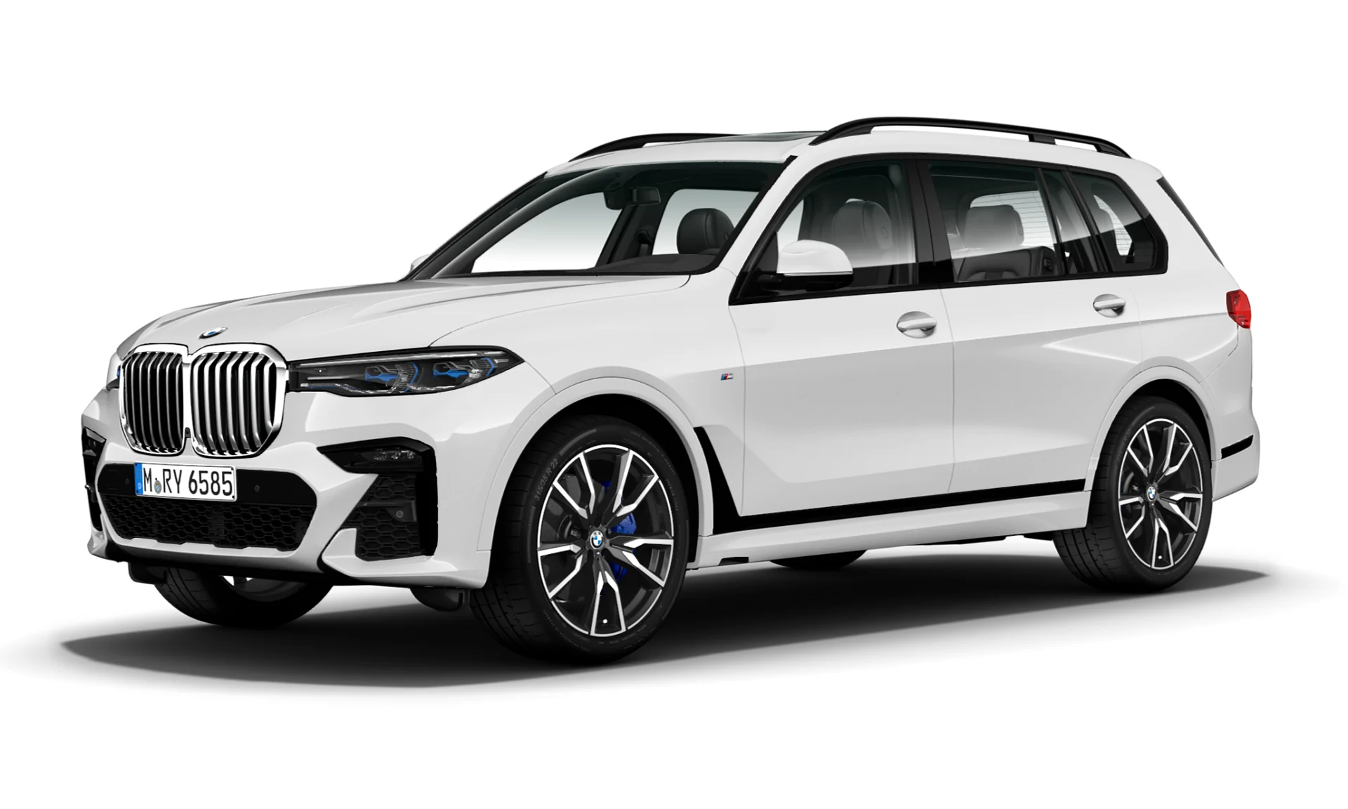 SUV BMW X7 color blanco con parrilla doble riñón vista frontal lateral sobre fondo blanco