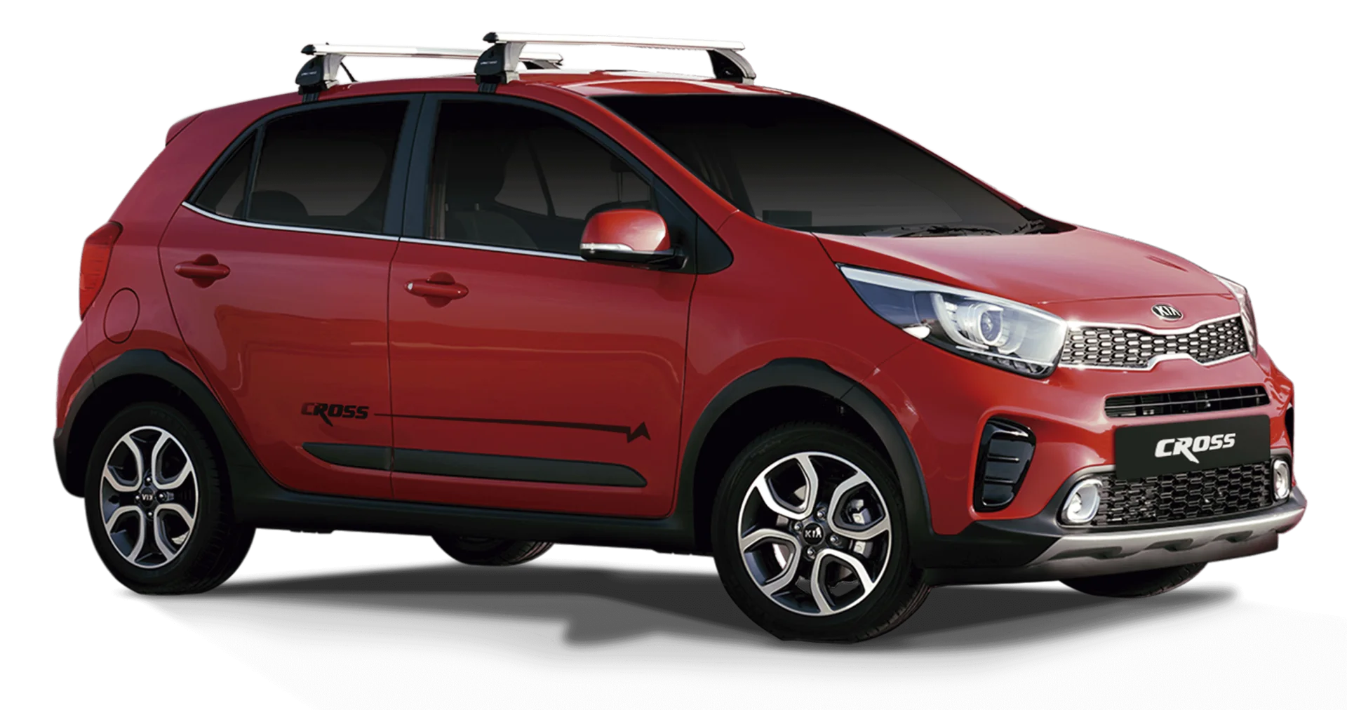 Kia Picanto Cross rojo con barras de techo plateadas visto en tres cuartos frontal con logo Cross en puerta