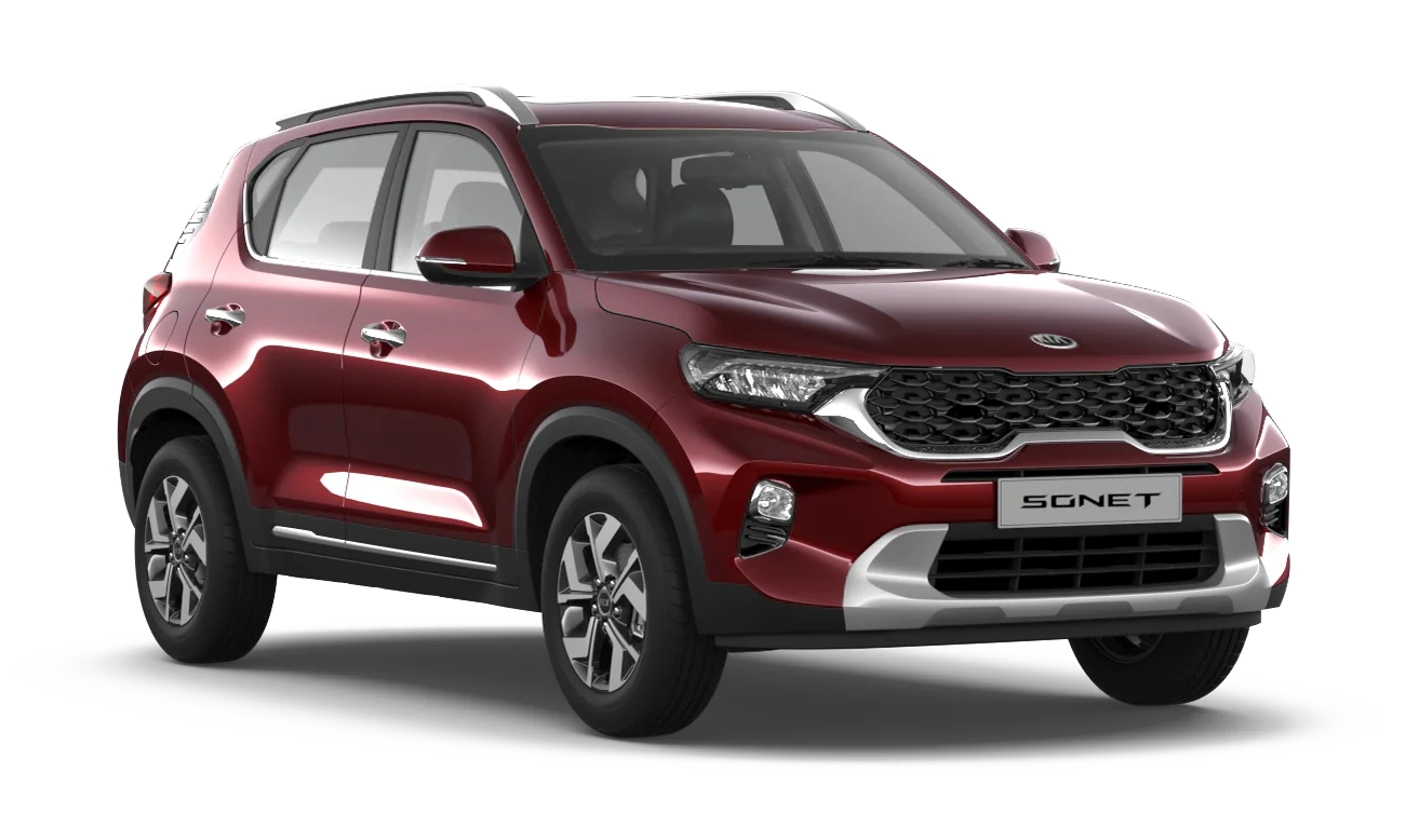 Kia Sonet rojo vinotinto visto en tres cuartos frontal izquierdo con parrilla negra tipo panal y letrero Sonet