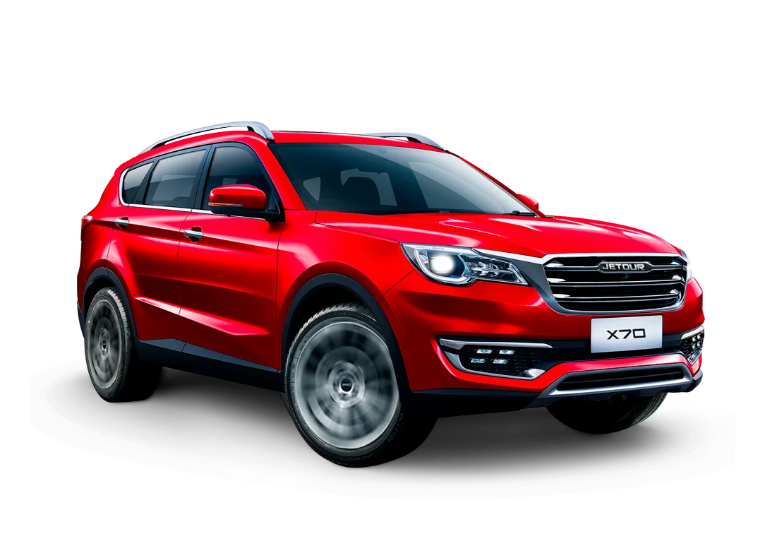 SUV Jetour X70 color rojo con faros encendidos y logo Jetour en parrilla, vista frontal en tres cuartos sobre fondo blanco