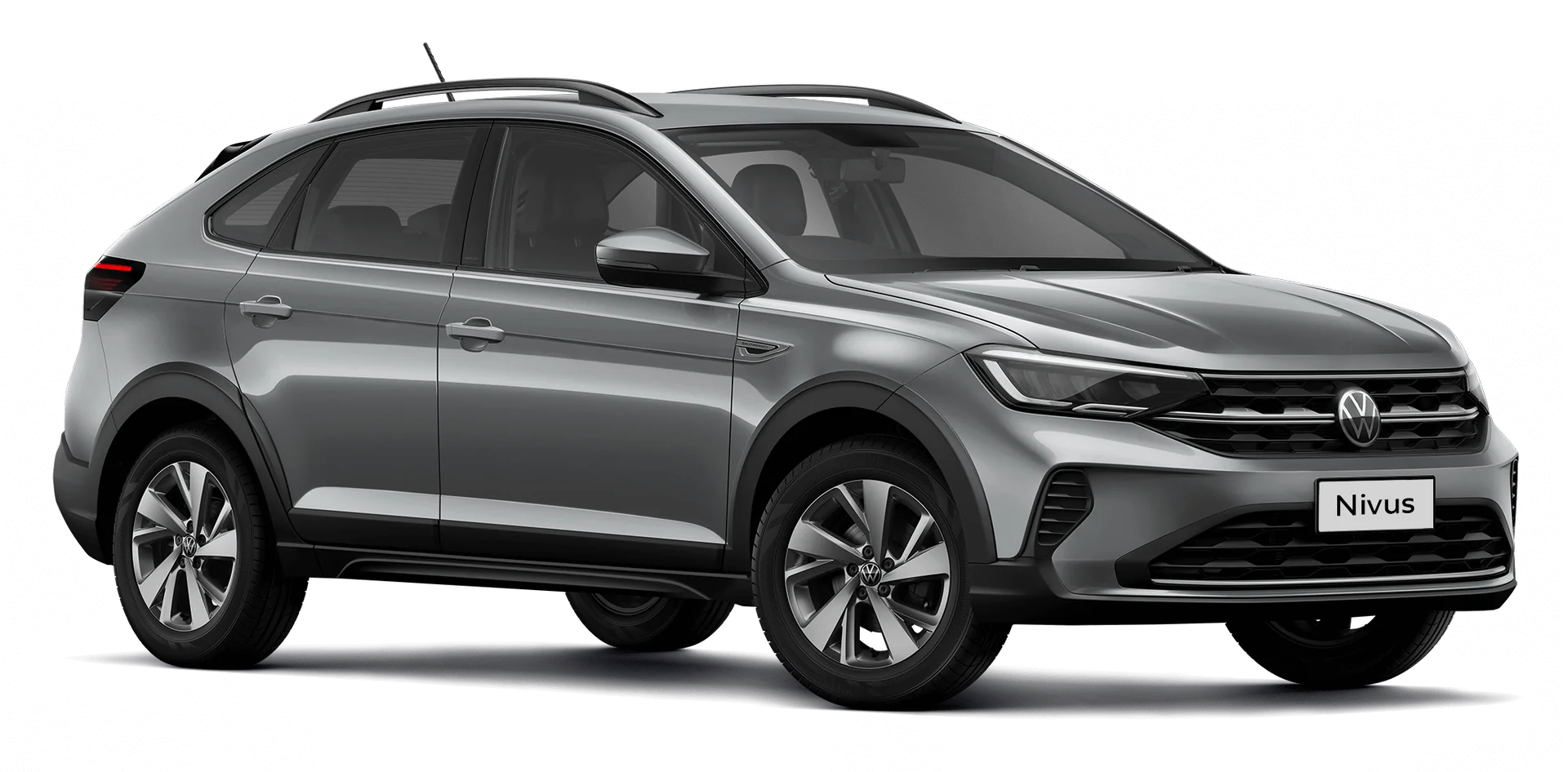 Volkswagen Nivus gris plateado vista delantera lateral sobre fondo blanco