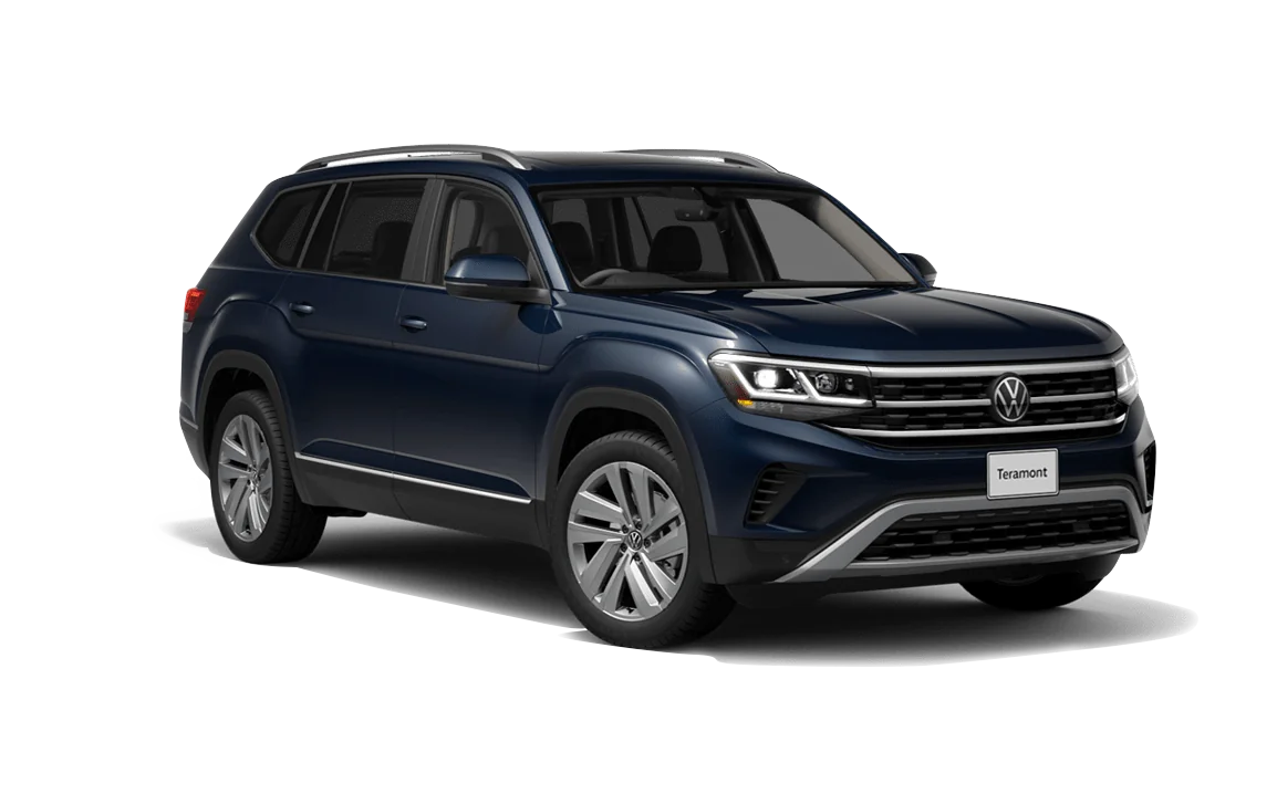 Volkswagen Teramont 2021 azul oscuro SUV grande de perfil frontal sobre fondo blanco