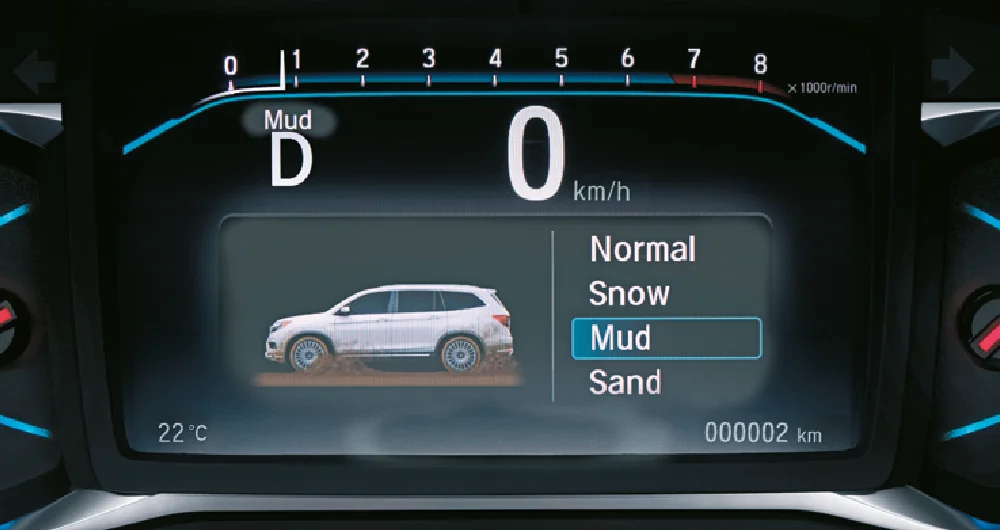 Panel digital del tablero Honda mostrando modos de manejo Normal Snow Mud y Sand con temperatura y kilometraje
