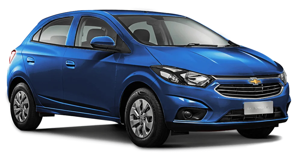 Hatchback Chevrolet Onix color azul eléctrico vista frontal tres cuartos sobre fondo blanco