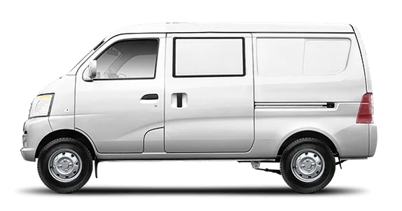 Van panel V3 blanca vista de perfil lateral con carrocería cerrada y puerta lateral corredera