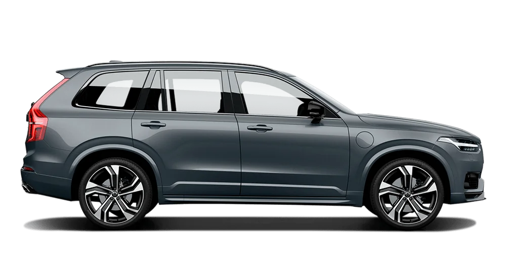 Volvo XC90 gris vista lateral completa, SUV grande de siete plazas con rines deportivos de cinco radios