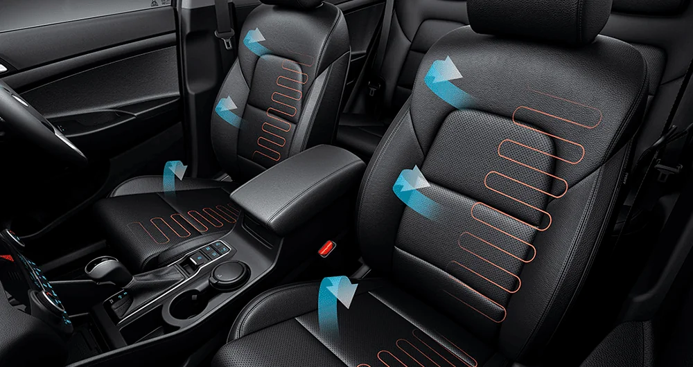 Asientos delanteros del Hyundai Tucson en cuero negro con íconos que muestran sistema de ventilación y calefacción