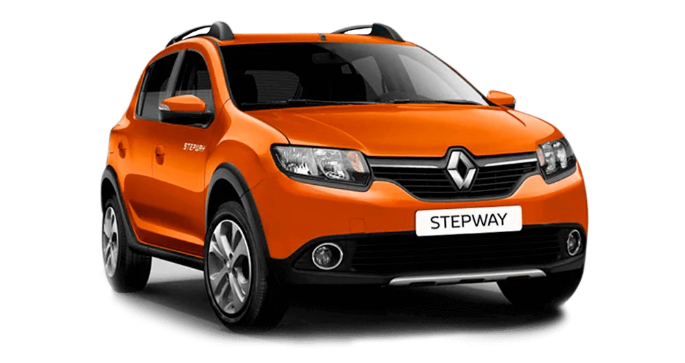 Renault Stepway naranja vista frontal en tres cuartos con barras de techo y parrilla negra sobre fondo blanco
