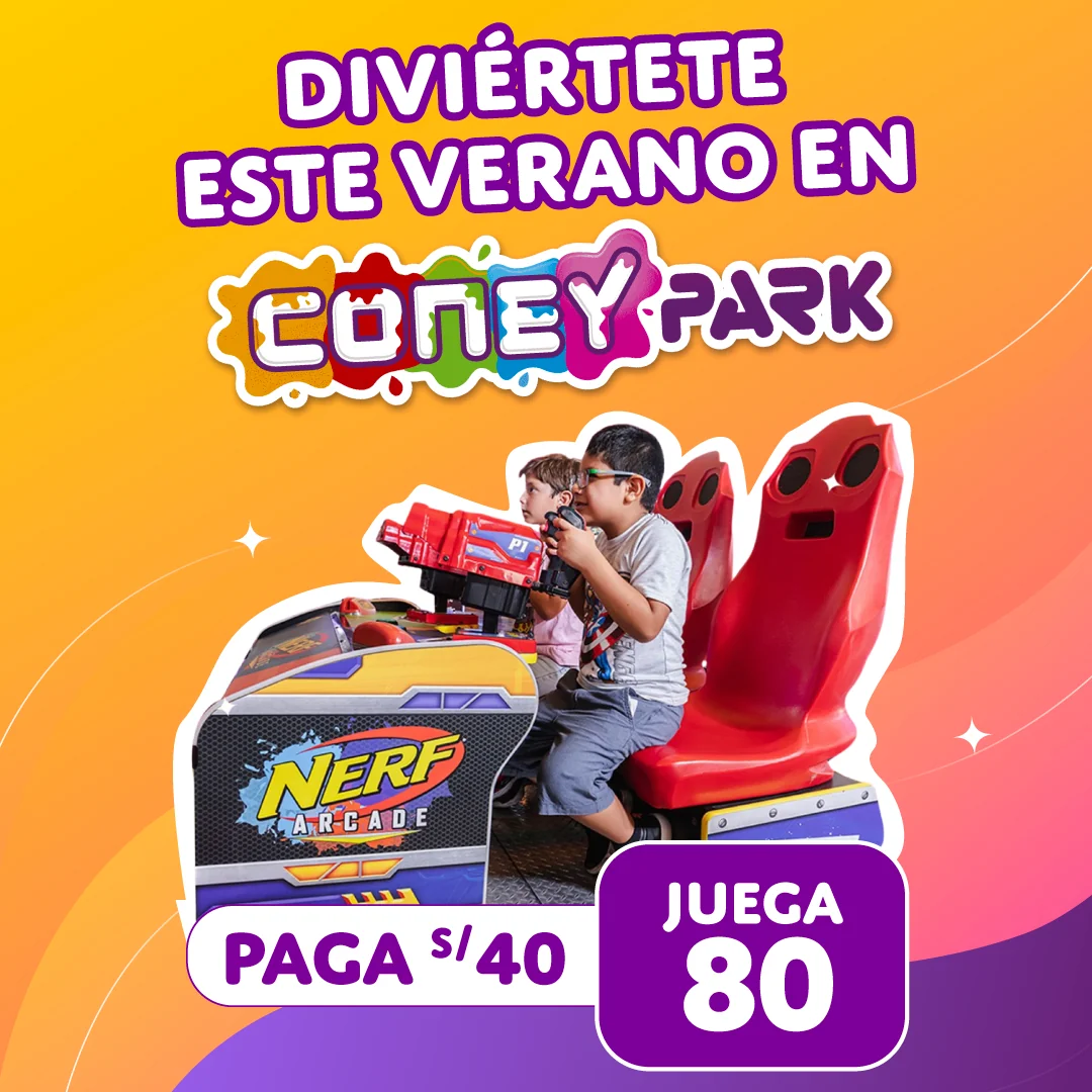 Pieza gráfica de Coney Park con niños jugando Nerf Arcade y promoción paga 40 y juega 80